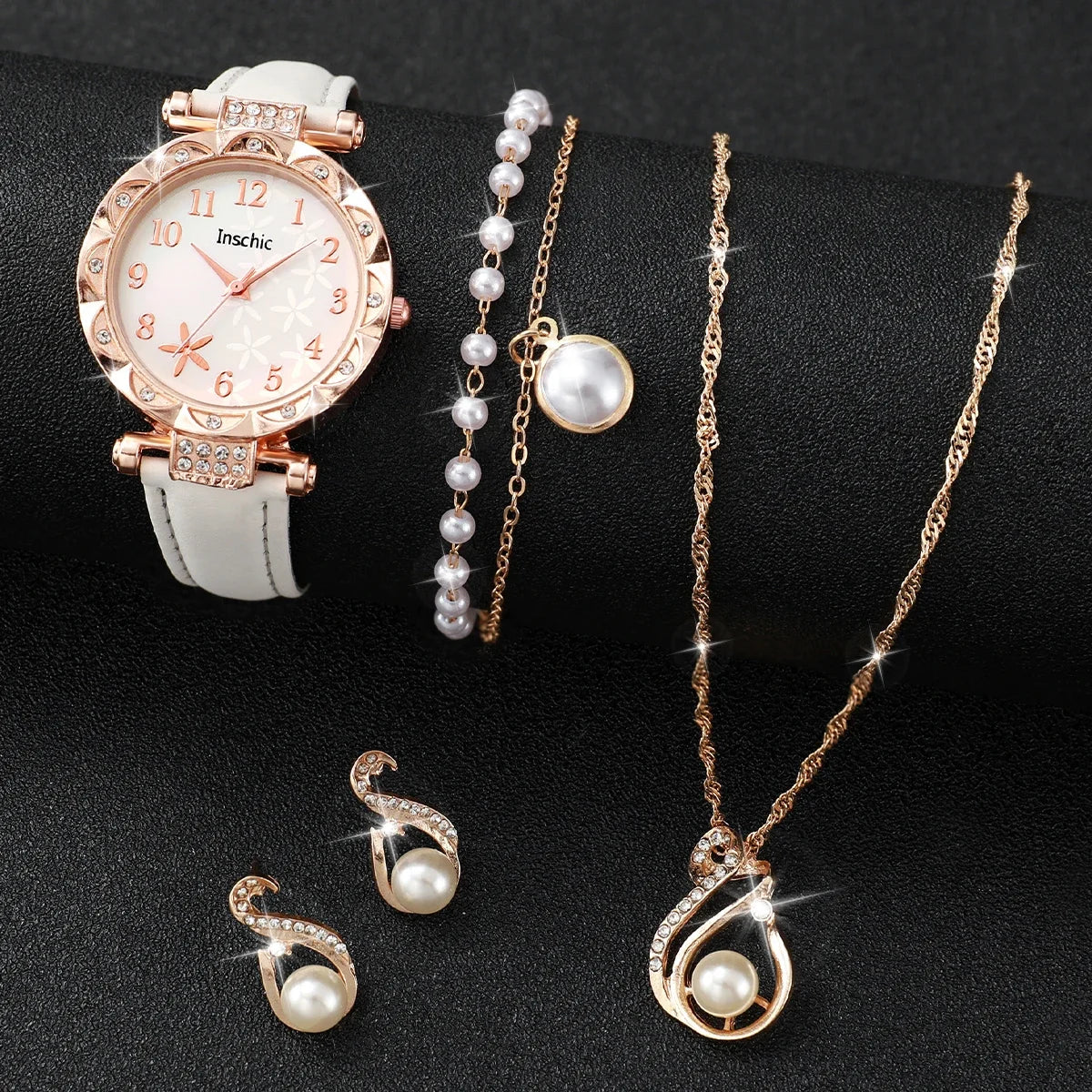 5/6PCS Fashion Rhinestone Women Watches Casual Leather Band Quartz Watch for Women Clock Jewelry Set Reloj Mujer（Without Box）