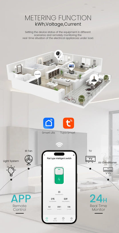 Tuya WiFi Circuit Breaker Smart 1P+N 63A  MCB Timer Power Energy kWh Voltage Current Meter Protector Voice Remote Control Switch