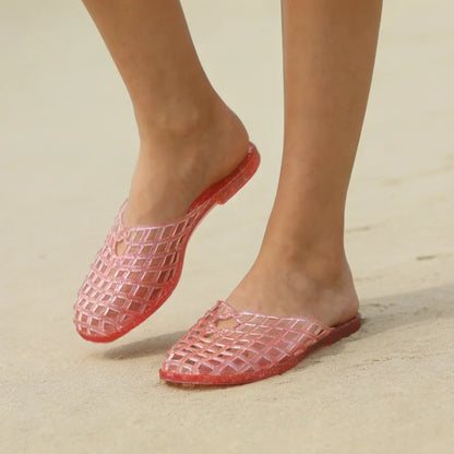 Summer Ladies Flat Bottom Hollow Comfortable Jelly Sandals Crystal Plastic Beach Slippers Breathable Slip-On Shoes
