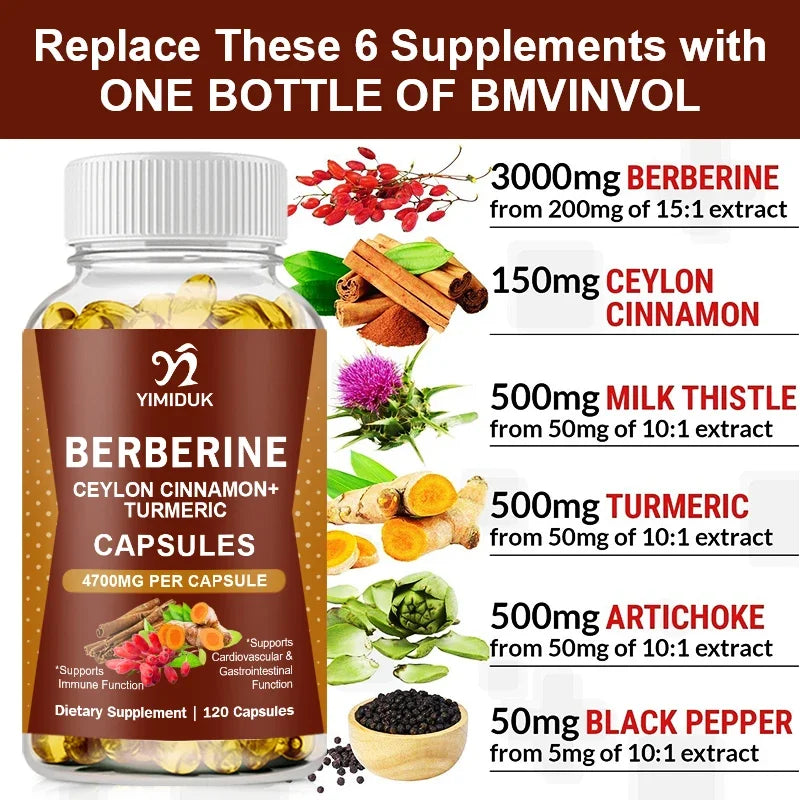 Yimiduk Berberine Capsules, with Ceylon Cinnamon, for Weight Management Aid, Cardiovascular & Gastrointestinal & Brain Function