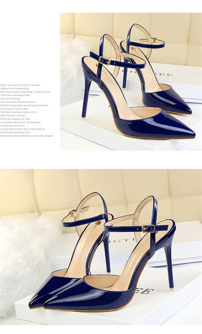 Women High Heels Sandals Metallic Gray Patent Leather Stripper Ankle Strap Wedding Nightclub Pointed Toe Party Valentine 86-1