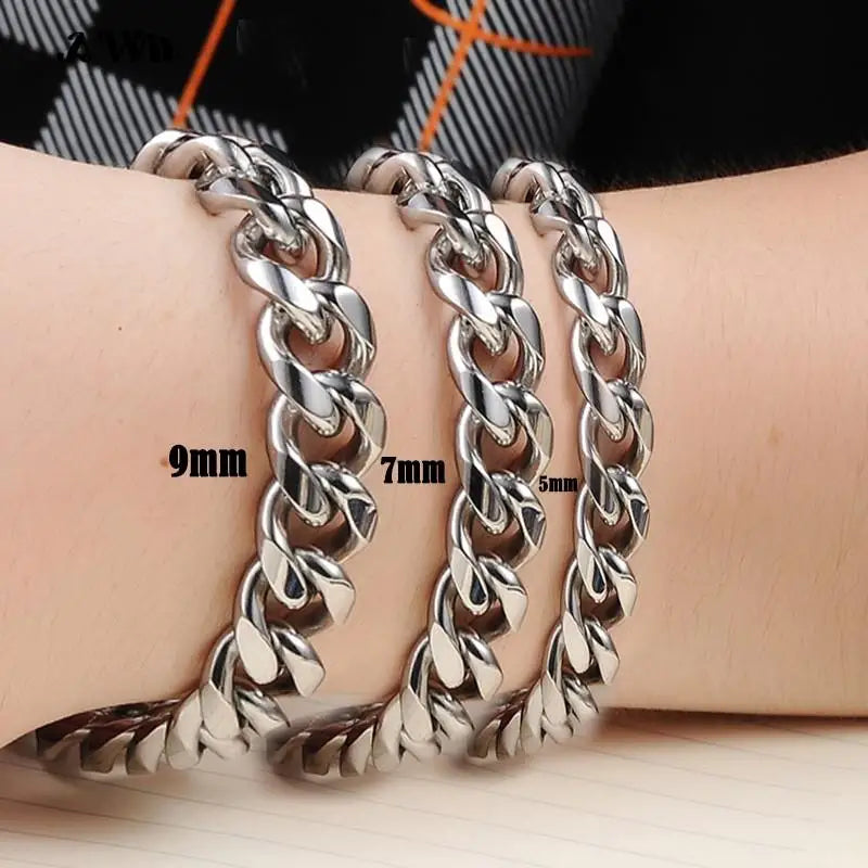 Awit Mens Simple 3-11mm Stainless Steel Curb Cuban Link Chain Bracelets for Women Unisex Wrist Jewelry Gifts