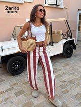Red Striped Straight-Leg Pants