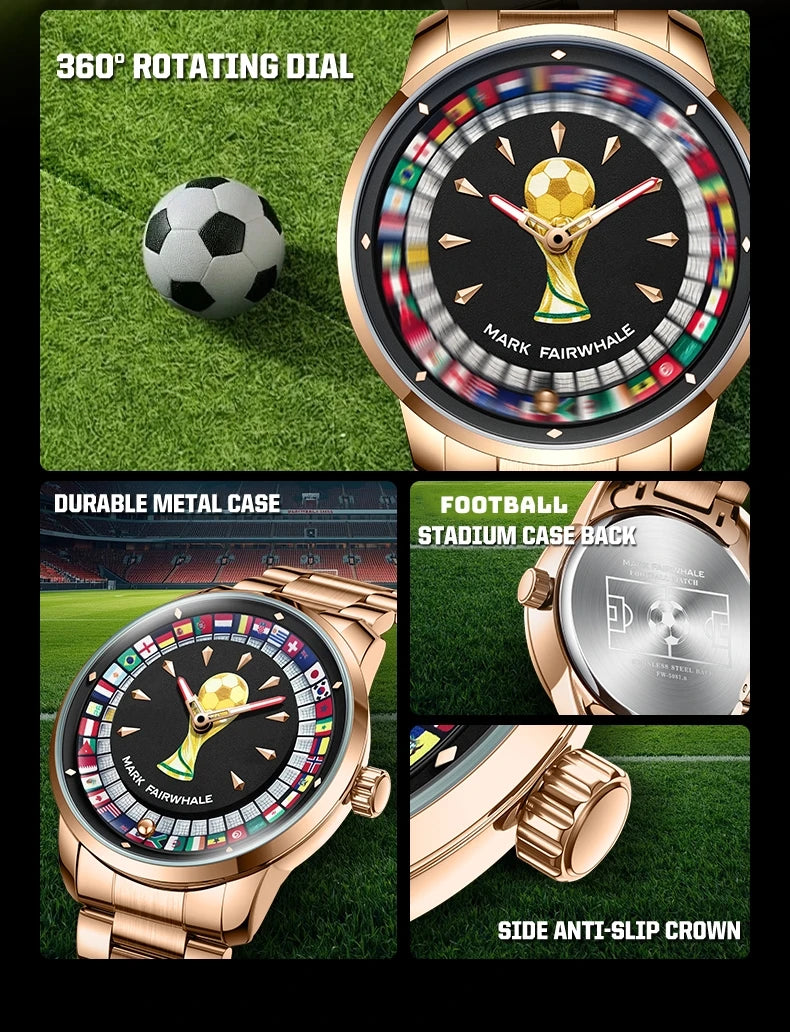 MARK FAIRWHALE 5087 Famous Football Sports Quartz Watch 360 ° Rotating Flag Dial Stainless Steel Strap Waterproof Watch for Man