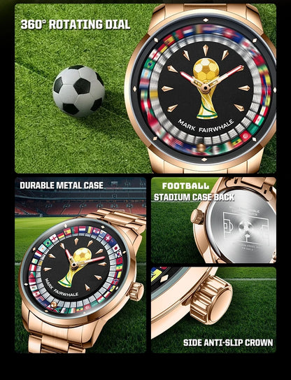 MARK FAIRWHALE 5087 Famous Football Sports Quartz Watch 360 ° Rotating Flag Dial Stainless Steel Strap Waterproof Watch for Man