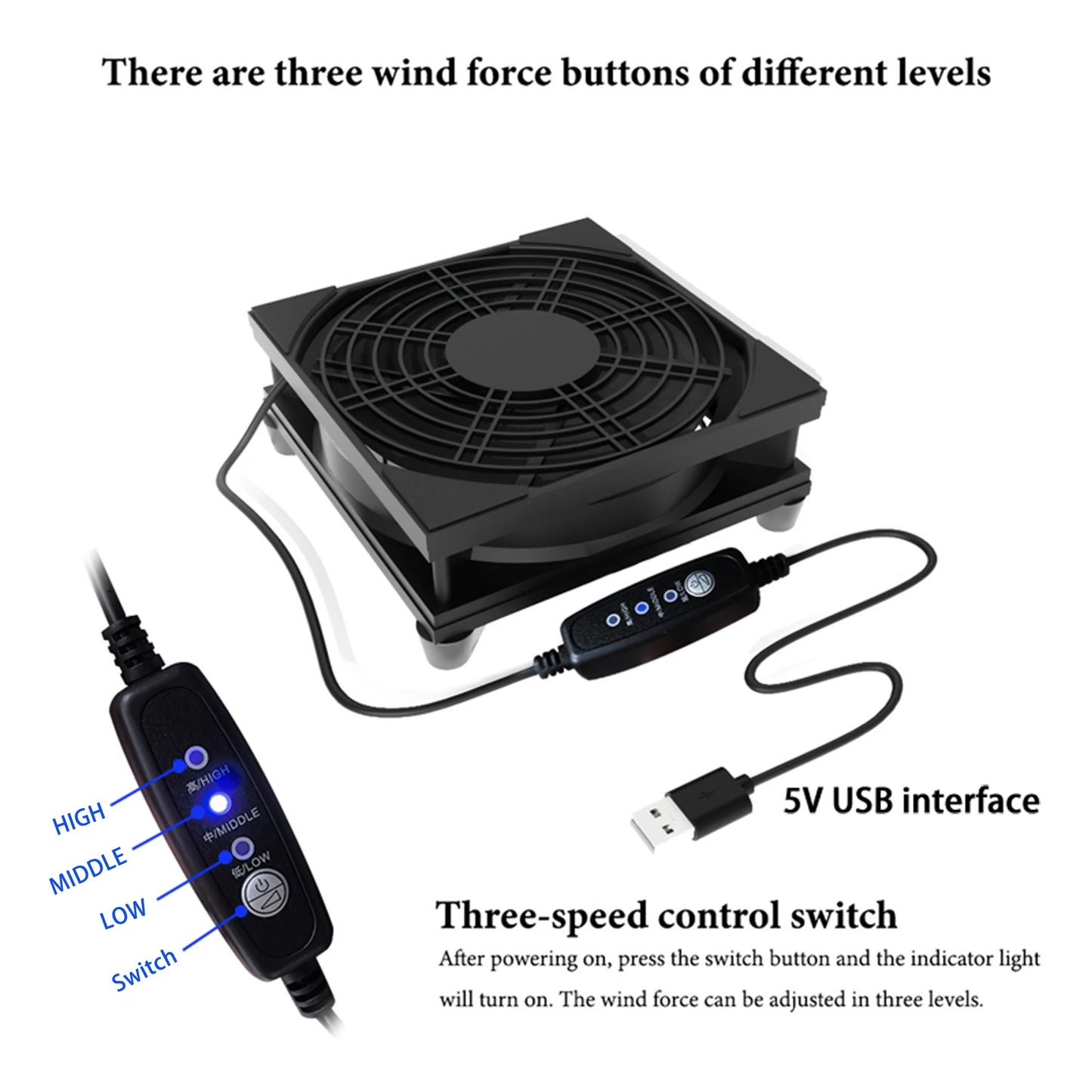 Home Router Cooling Fan For Ipad USB-Powered Silent Computer Fan 3-Speed Adjustable Silent  Fan Cooling with Controller