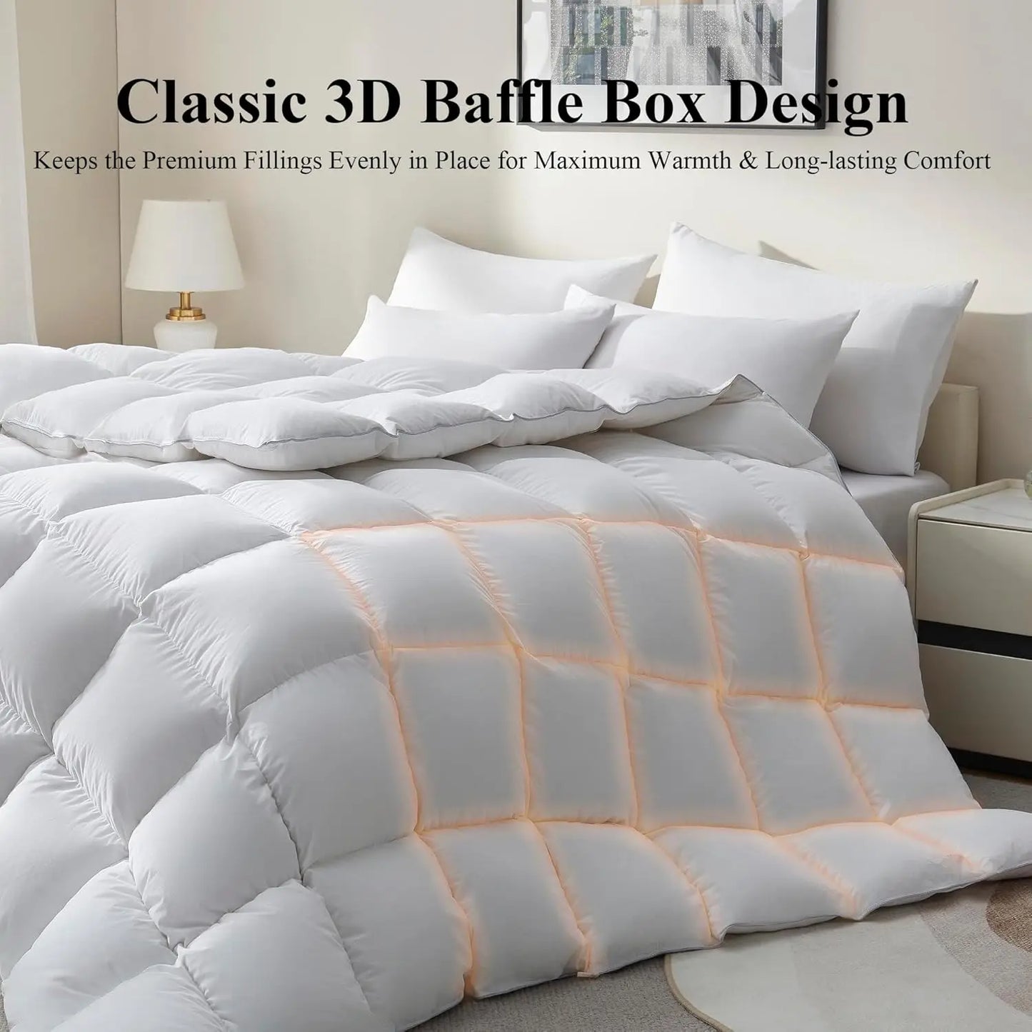 750+ Fill Power Goose Down Fiber Comforter Queen Size - All Season White Fluffy Duvet Insert, Medium Warmth 90x90 Inch