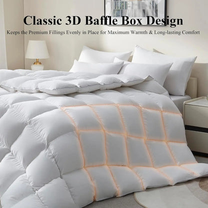750+ Fill Power Goose Down Fiber Comforter Queen Size - All Season White Fluffy Duvet Insert, Medium Warmth 90x90 Inch