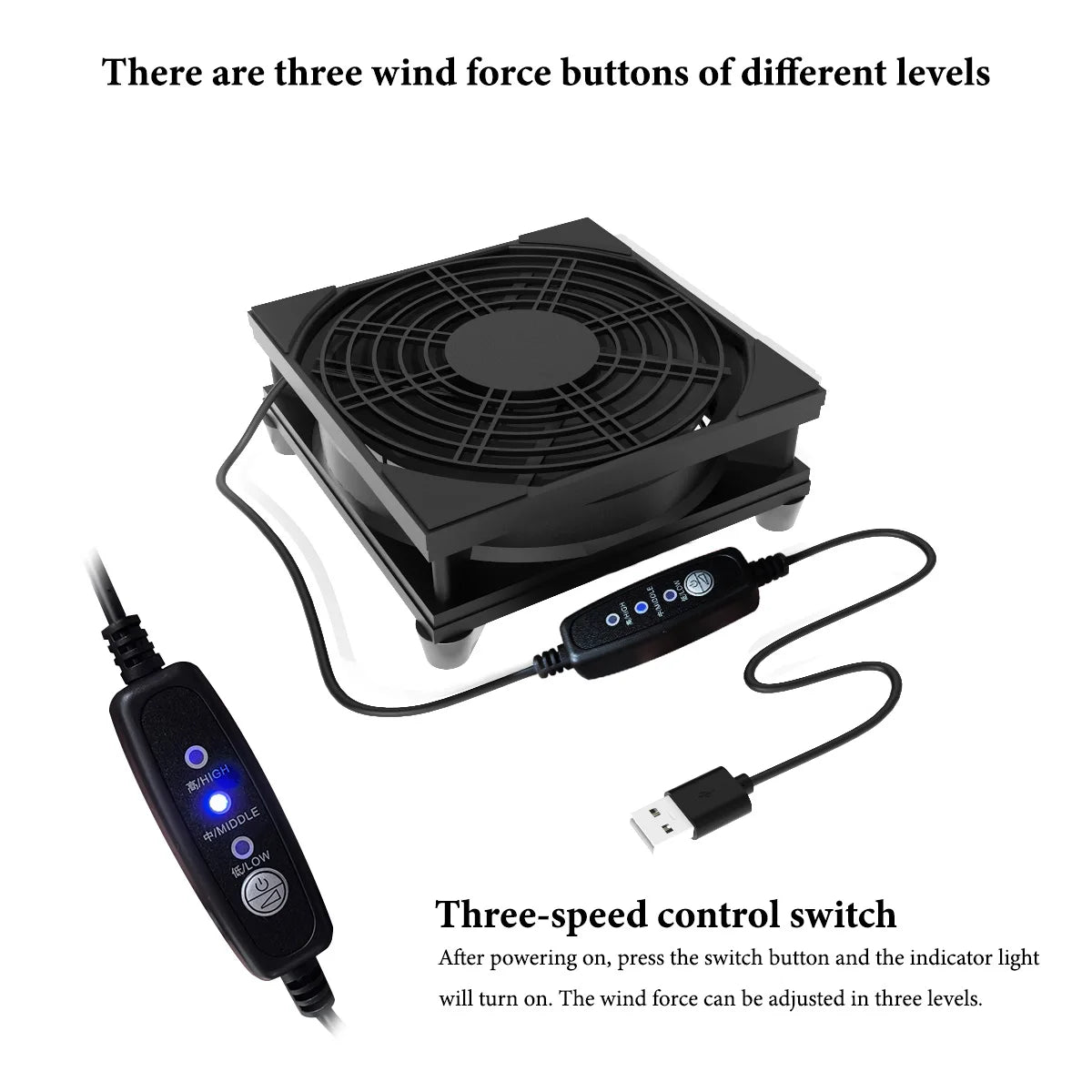 Home Router Cooling Fan For Ipad USB-Powered Silent Computer Fan 3-Speed Adjustable Silent  Fan Cooling with Controller
