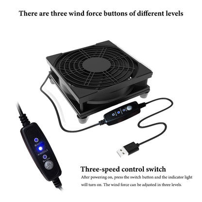 Home Router Cooling Fan For Ipad USB-Powered Silent Computer Fan 3-Speed Adjustable Silent  Fan Cooling with Controller
