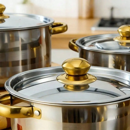 10Piece Stainless Steel Cookware Set 5 Pots With Lids, Multiple Sizes, Deep Stock Pot For Soup, Pasta, Noodles Seafood, Durable