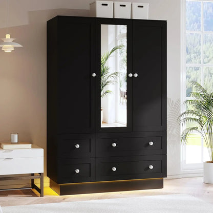 3 Doors Wardrobe Mirror 4 Drawers LED Light Large Capacity Bedroom Storage Cabinet, Custom