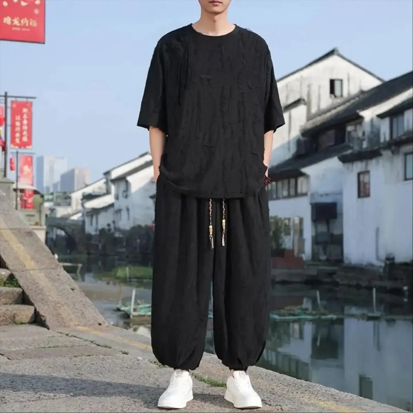 Men's Chinese Style Linen Co-ord Set Oversized Jacquard T-Shirt & Harem Pants Two Piece Outfit