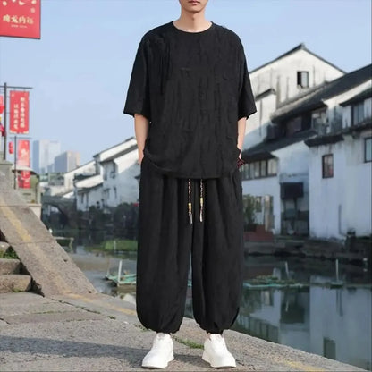 Men's Chinese Style Linen Co-ord Set Oversized Jacquard T-Shirt & Harem Pants Two Piece Outfit
