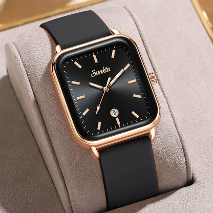 Sunkta Fashion Elegant Woman Watch Square Luxury Retro Silicone Belt Auto Date Casual Waterproof Luminous Quartz Watches for Men