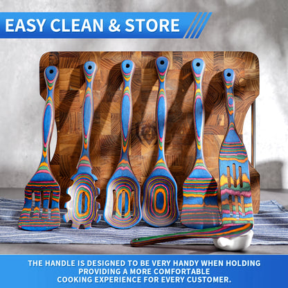 7Pcs Blue Pakkawood Wooden Cooking Utensils, Wooden Spoons For Cooking, Wooden Utensil Set.Pakkawood Utensils For Cooking.