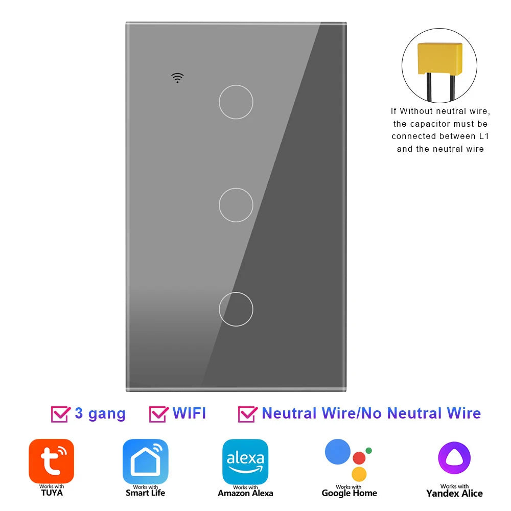 Smart WiFi Switch Single Neutral Wire Universal Touch Control Tuya APP Alexa Google Home Compatible Gold Gray