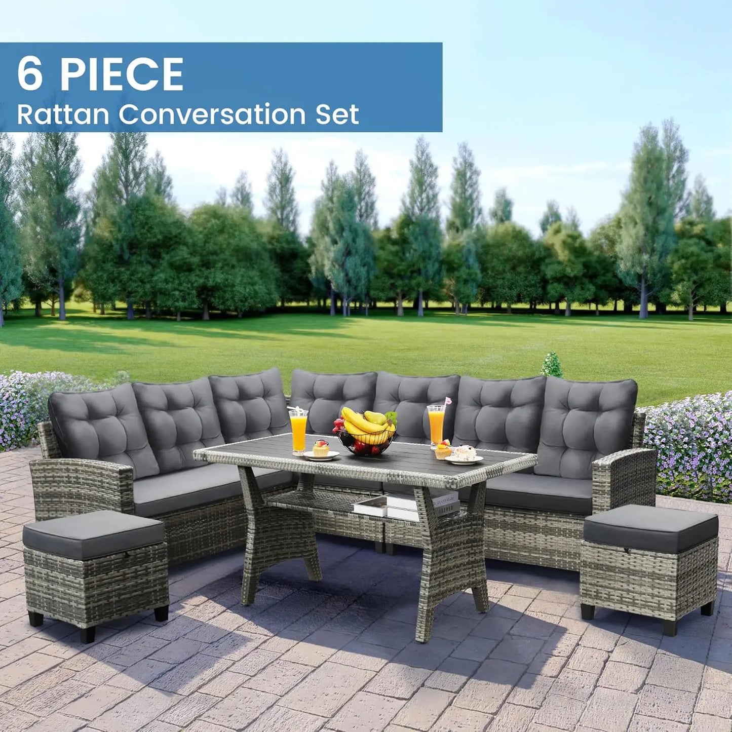 6-Piece Patio Sectional Sofa Dining Set All-Weather Removable Cushion Covers Garden Porch Backyard, Custom