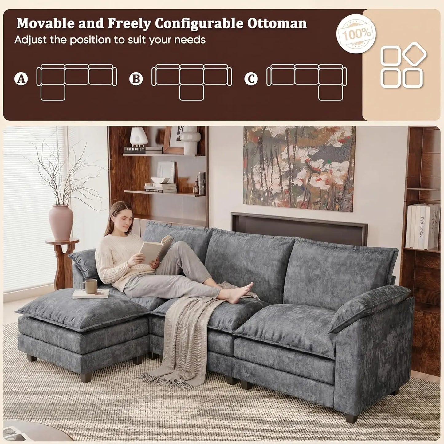118.9" Modular Sectional Cloud Couch 3-Seat Sofa Set with Movable Ottoman, L Shaped Sofa Couch with Deep Seat,, Customized