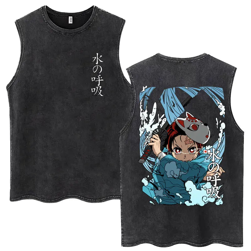 Washed Anime Demon Slayer Hashibira Inosuke Mask Face Tank Tops Men Women Vintage Fashion Cotton Sleeveless T Shirts Streetwear