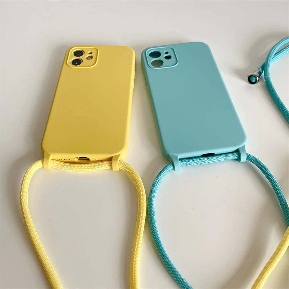 Crossbody Necklace Lanyard Cord Strap Liquid Silicone Case For iPhone 17 16 15 13 11 12 14 Pro Max XS XR X Plus Soft Candy Cover