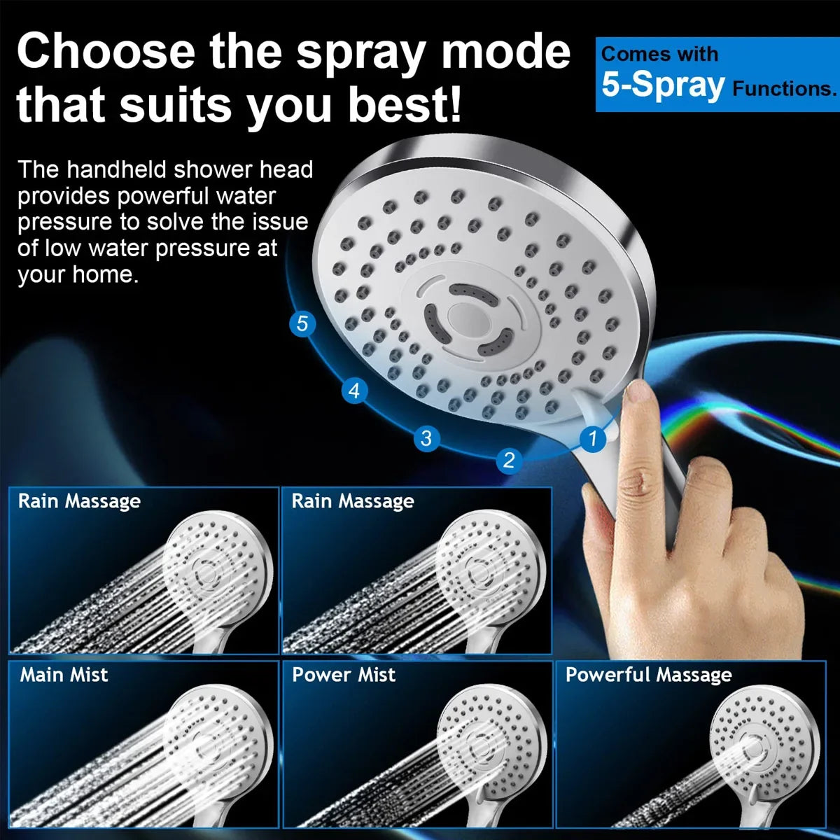Stainless Steel 8/10 Inch Overhead Showerhead 5 Modes With Extension Arm Multi-function Hand Shower Wall Mounted Showerhead Set