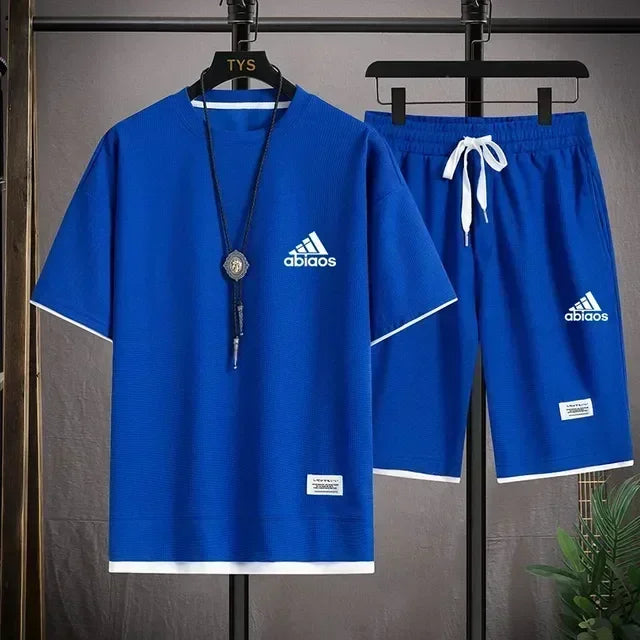 Men's casual short sleeved T-shirt and sports shorts, breathable comfortable running waffle set, summer fashion, 2026