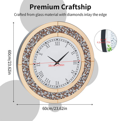 Silver,Tawny Tinted Round Mirror ,24inch Crystal Sparkle Twinkle Bling Crush Diamond Large Mirrored Wall Clock for Living Room