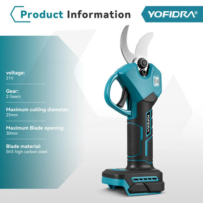 YOFIDRA 30mm Brushless Electric Pruner Cordless Handheld Orchard Shrub Pruning Tree Branches Cutter For Makita 18V Battery Pin
