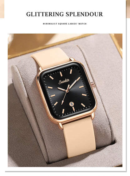 Sunkta Fashion Elegant Woman Watch Square Luxury Retro Silicone Belt Auto Date Casual Waterproof Luminous Quartz Watches for Men