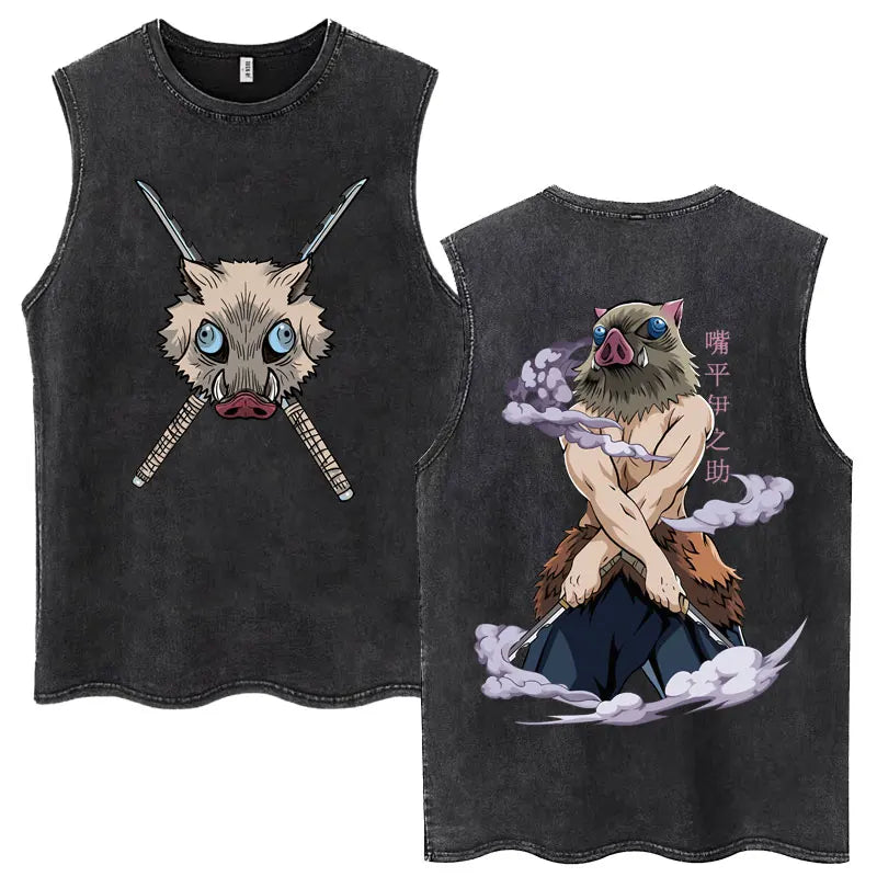 Washed Anime Demon Slayer Hashibira Inosuke Mask Face Tank Tops Men Women Vintage Fashion Cotton Sleeveless T Shirts Streetwear