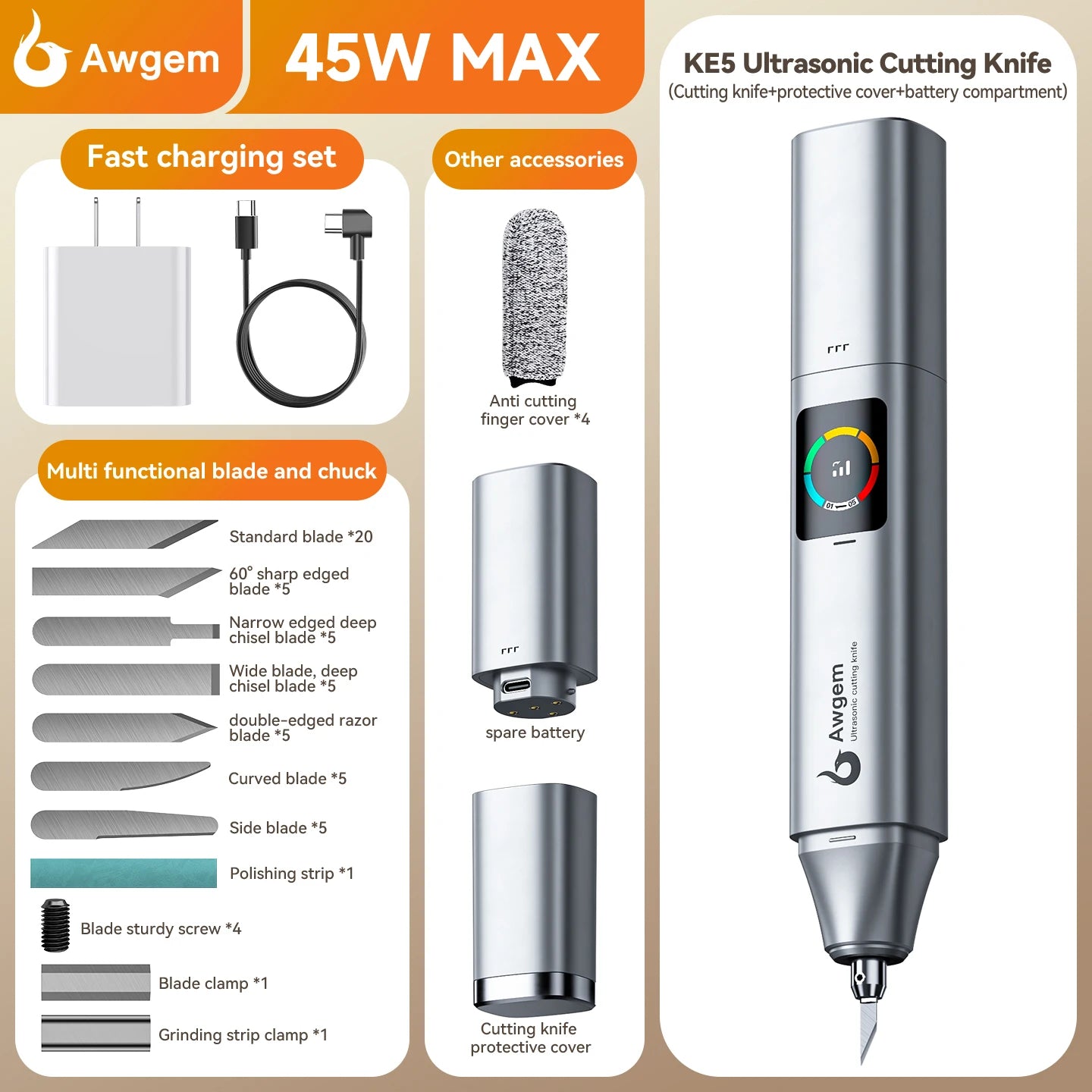Awgem KE5 Handheld Ultrasonic Cutter Ultrasonic cutting knife DIY Electric Carving Tool for Plastic/Resin/3D Printing/Textile