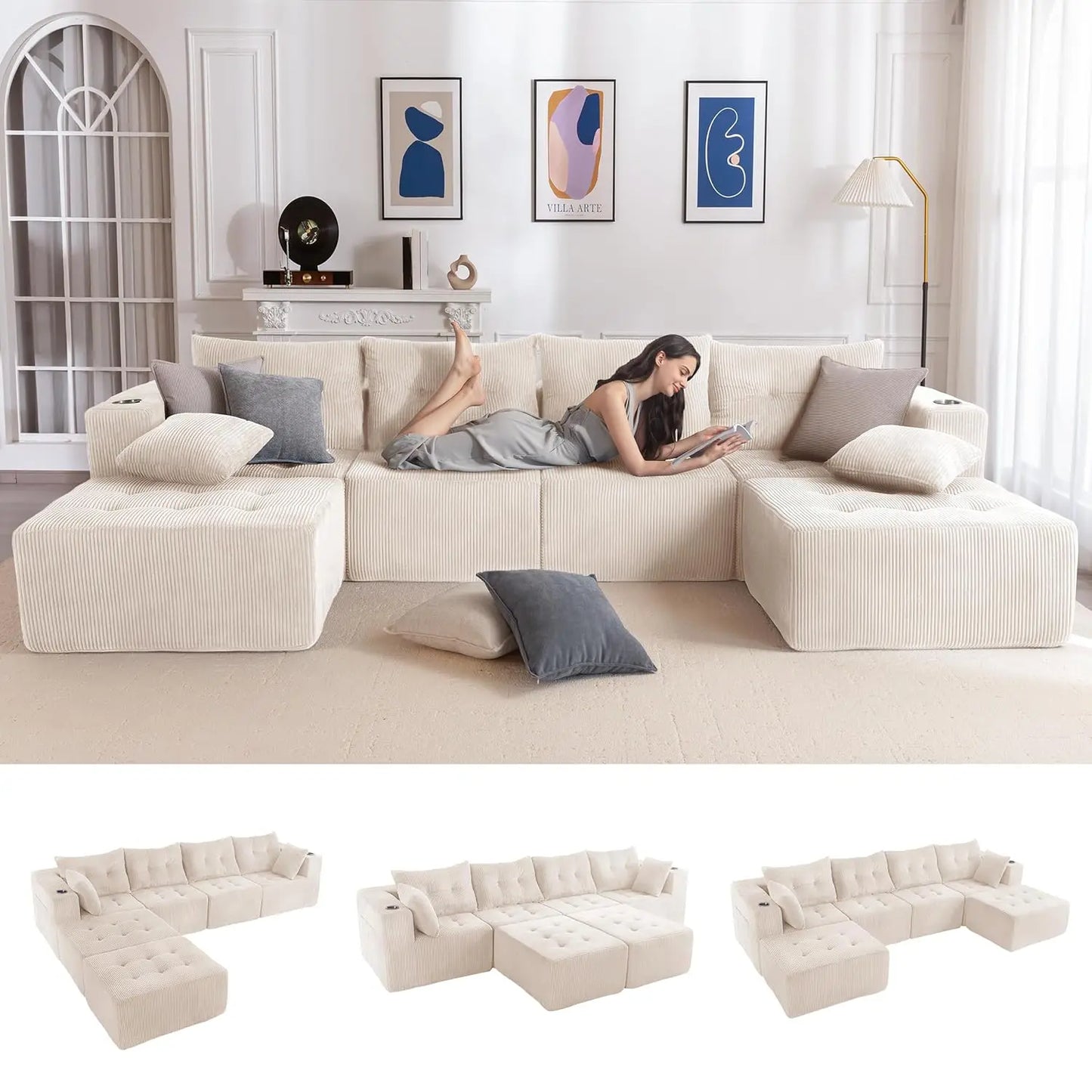 129.5" U Shaped Modular Sectional Sofa 2 Ottomans Tufted 6 Seat Cloud Sleeper Chair Living Room No Assembly, Custom