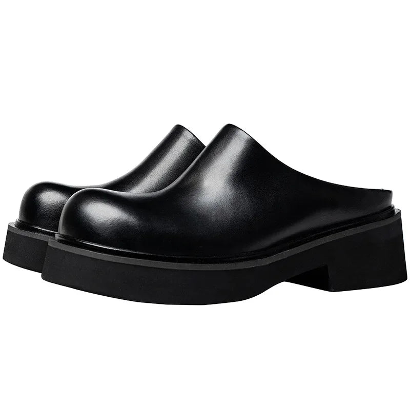 2024 Summer Mens Platform Business Half Shoes Luxury Genuine Leather 6 Cm High Heels Outdoor Social Party Slippers Sandals Man