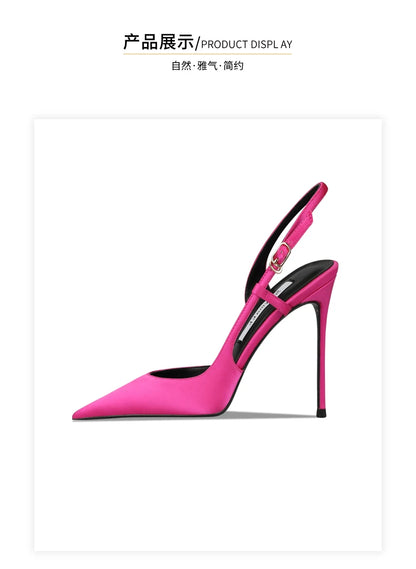 Rose red satin back tripe buckle sandals for women's new style slim heel and sexy European and American style single shoes