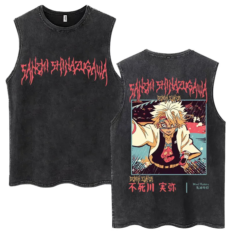 Washed Anime Demon Slayer Hashibira Inosuke Mask Face Tank Tops Men Women Vintage Fashion Cotton Sleeveless T Shirts Streetwear