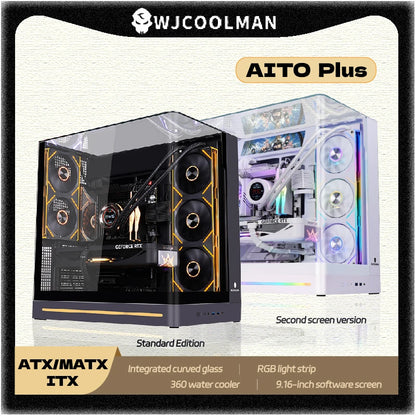 WJCOOLMAN AITO Plus ATX PC case 9.16-inch screen RGB light strip 360 water cooler Integrated curved glass computer case