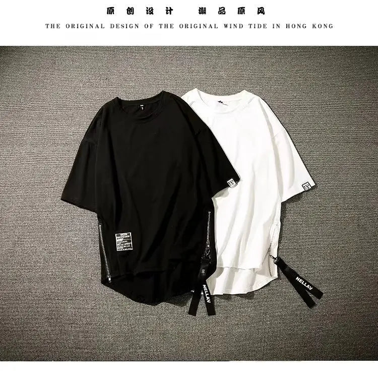 Y2K Summer New Mens Fashion Oversized Style Cargo T Shirt Man Techwear Men Brand Quality 100% Cotton Zip Up Short Sleeve Tshirt