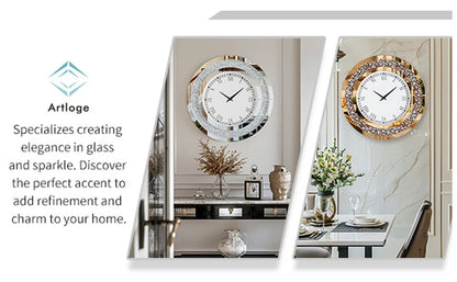 Silver,Tawny Tinted Round Mirror ,24inch Crystal Sparkle Twinkle Bling Crush Diamond Large Mirrored Wall Clock for Living Room