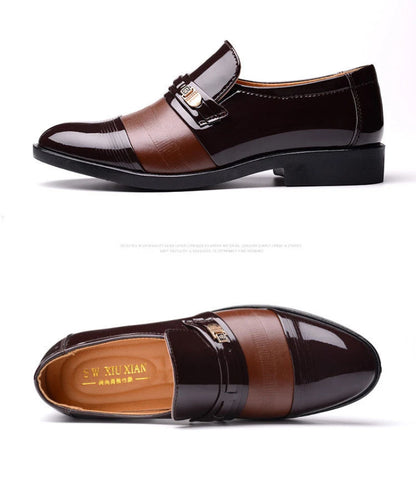 Mens Formal Two Tone Patent Leather Loafers Pointed Toe Slip On Shoes With Metal Buckle Low Heel Comfortable Non Slip Breathable