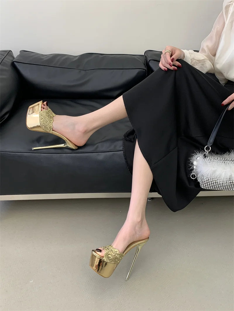 Hlieny Street Style Summer Open Toe Platform Women Slippers Fashion Thin High Heels Sandals Ladies Banquet Nightclub Party Shoes
