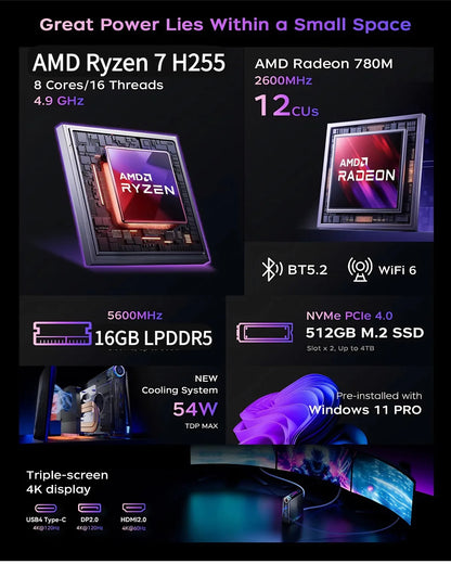 ACEMAGIC MINI PC AMD Ryzen 7 H255 Processor 16GB 512GB SSD Windows 11 Pro MINI Computer WiFi 6E BT5.2 With RGB Light 4K Triple