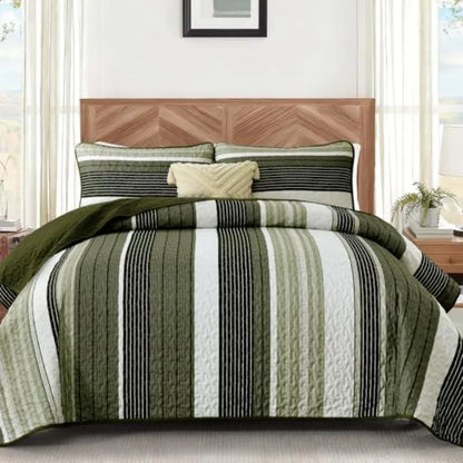 King Size Quilt Set Sage Green Striped 3 Piece Summer Patchwork Bedspreads Coverlet Soft Lightweight Bedding Set with 2 Pillow