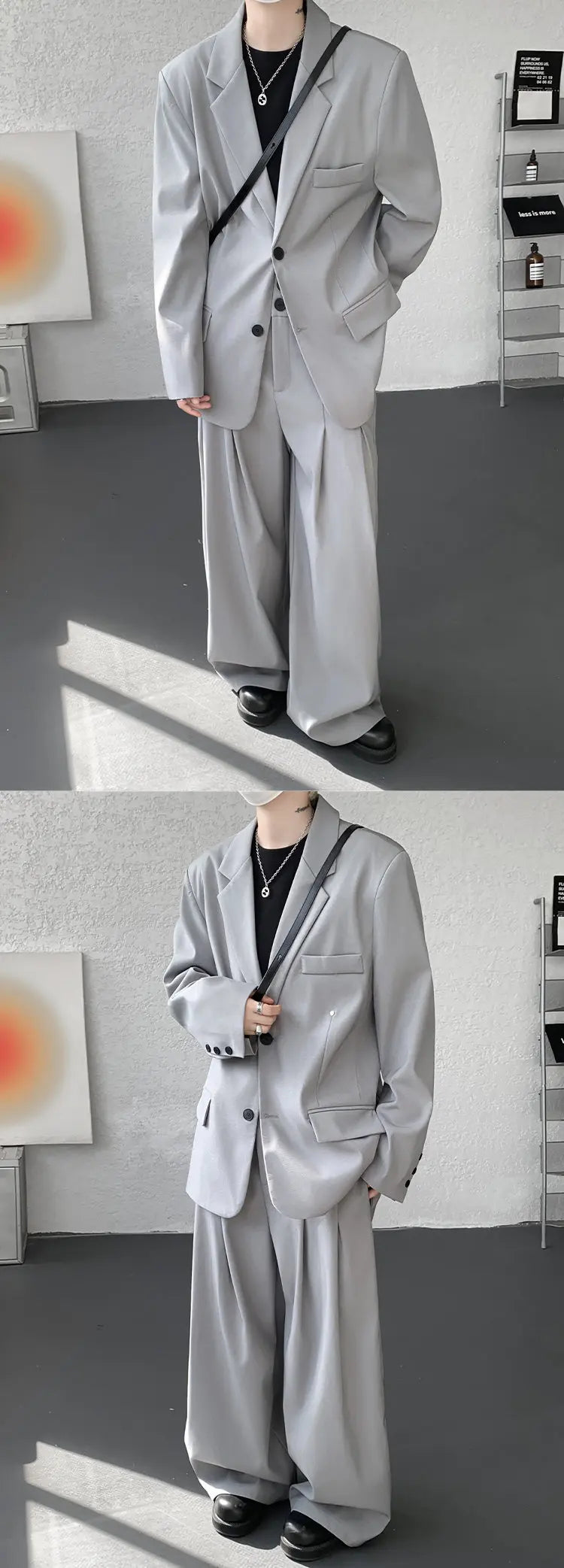 Casual suit set Men Loose fitting 2 piece suit Shoulder pads Trend Streetwear Korean 2025 NEW suit jacker+suit pants