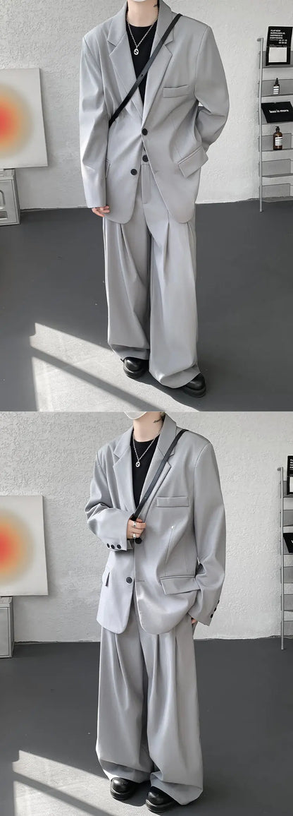 Casual suit set Men Loose fitting 2 piece suit Shoulder pads Trend Streetwear Korean 2025 NEW suit jacker+suit pants