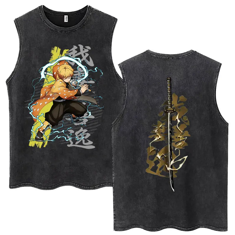 Washed Anime Demon Slayer Hashibira Inosuke Mask Face Tank Tops Men Women Vintage Fashion Cotton Sleeveless T Shirts Streetwear