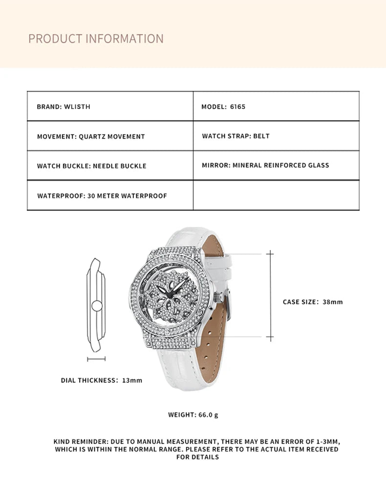 Popular women's watch with fashionable large dial, pentagram waterproof watch for girls, snowflake rotating hollow women's watch
