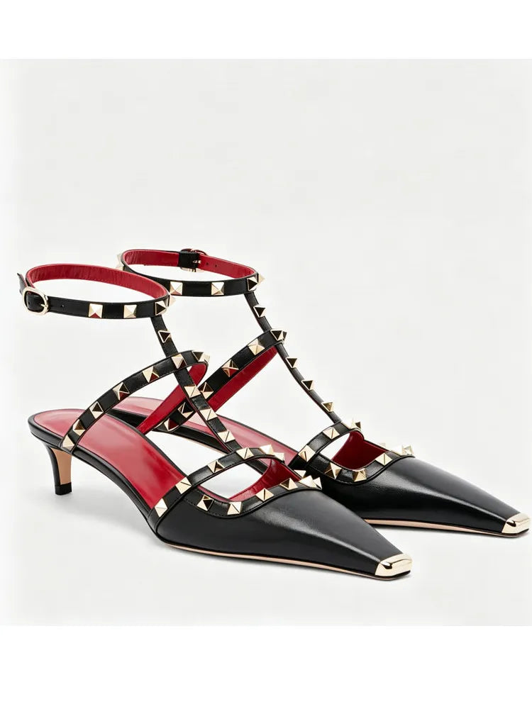 Summer Square Headed Rivet High-heeled Women's Sandals, Fashionable and Sexy Women's Party T-table Women's Plus Size Sandals