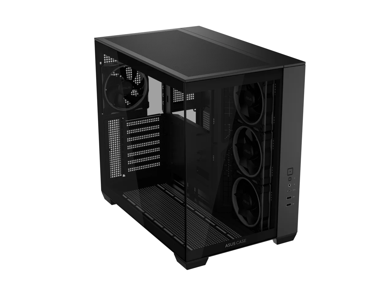 ASUS A32 PLUS Black ATX gaming PC case, support 360mm radiators and 420mm graphics cards, dual-chamber chassis for independent cooling zones, four pre-installed ARGB fans and clean cable management