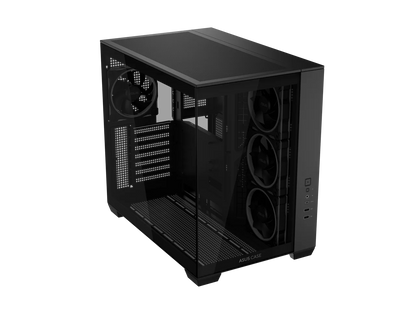ASUS A32 PLUS Black ATX gaming PC case, support 360mm radiators and 420mm graphics cards, dual-chamber chassis for independent cooling zones, four pre-installed ARGB fans and clean cable management